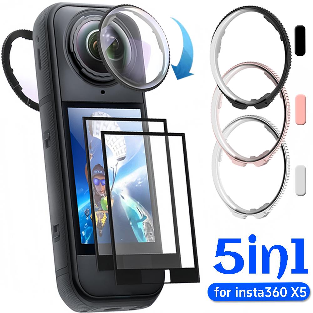 5in1 for Insta360 X5 Optical Glass Rotating Lens Camera Protector Screen Protector Kit HD Anti-scratch Films for Insta 360 X5