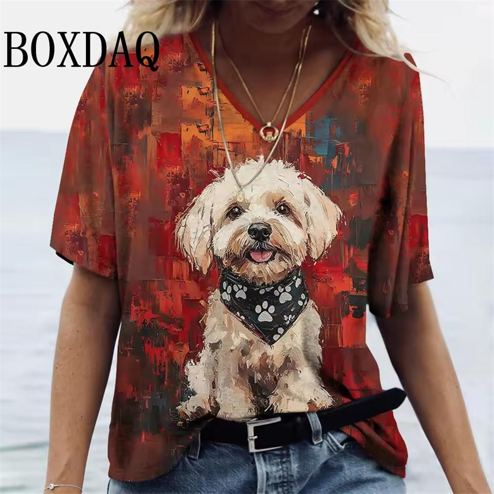 Cartoon T-shirt Women's Short Sleeve Summer Outdoor Casual V-Neck Short Sleeve Tops Oil Painting Puppy Print Plus Size Clothing
