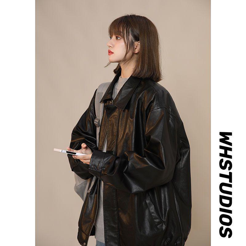 

Ретро кожаная куртка женская весна и осень новая модная высококачественная свободная кожаная куртка мотоциклетная одежда S Recommended 42.5kg-47.5kg