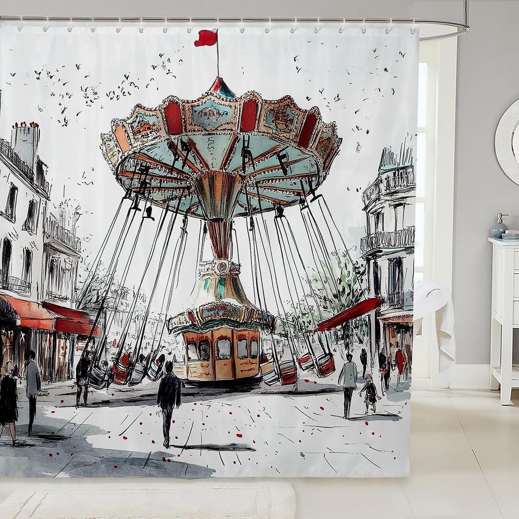 Cartoon Circus Bathroom Curtains Happy Holiday Shower Curtain Sets for Kids Boys Girls Funny Ferris Wheel Shower Curtain Funny