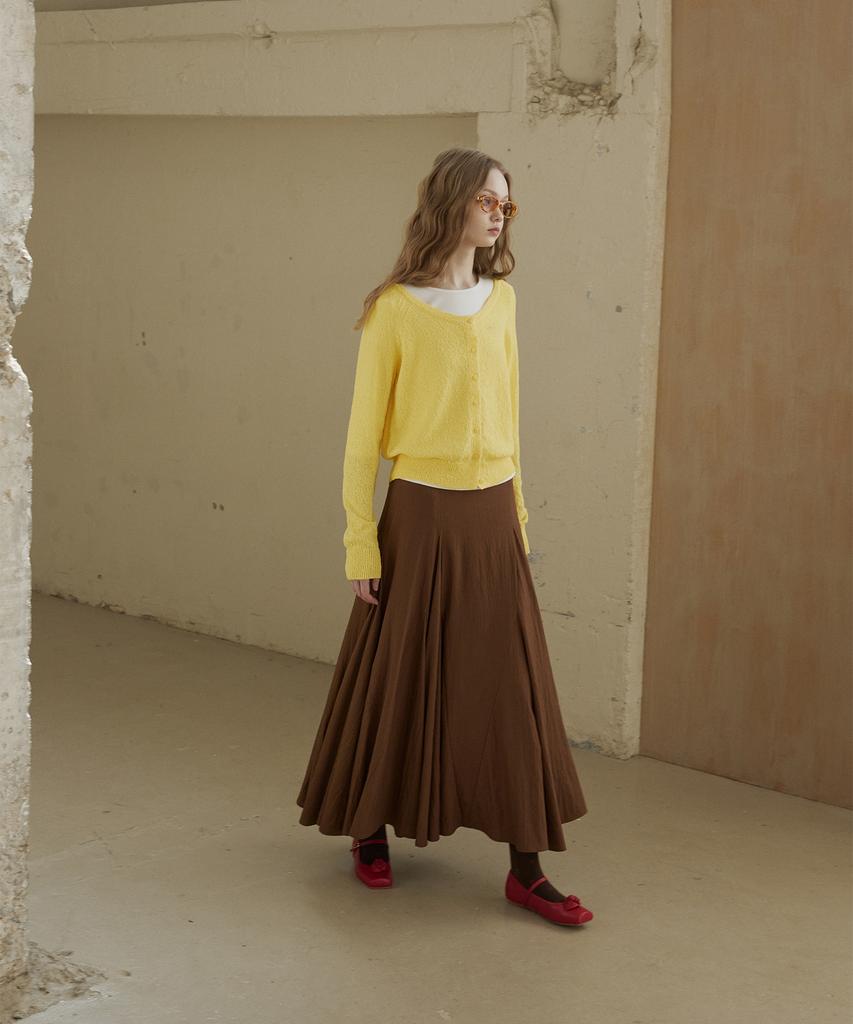 GREENBUTTER Flare Section Long Skirt (Brown)