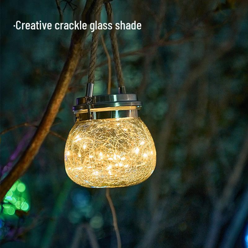 Solar Crackle Glass Mason Jar Hanging LED Lights for Outdoor Decor