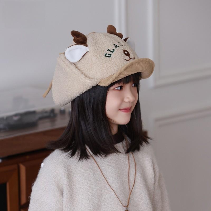 Winter Kids Cartoon Deer Plush Hat With Windproof Ear Flap For Outdoor Warmth