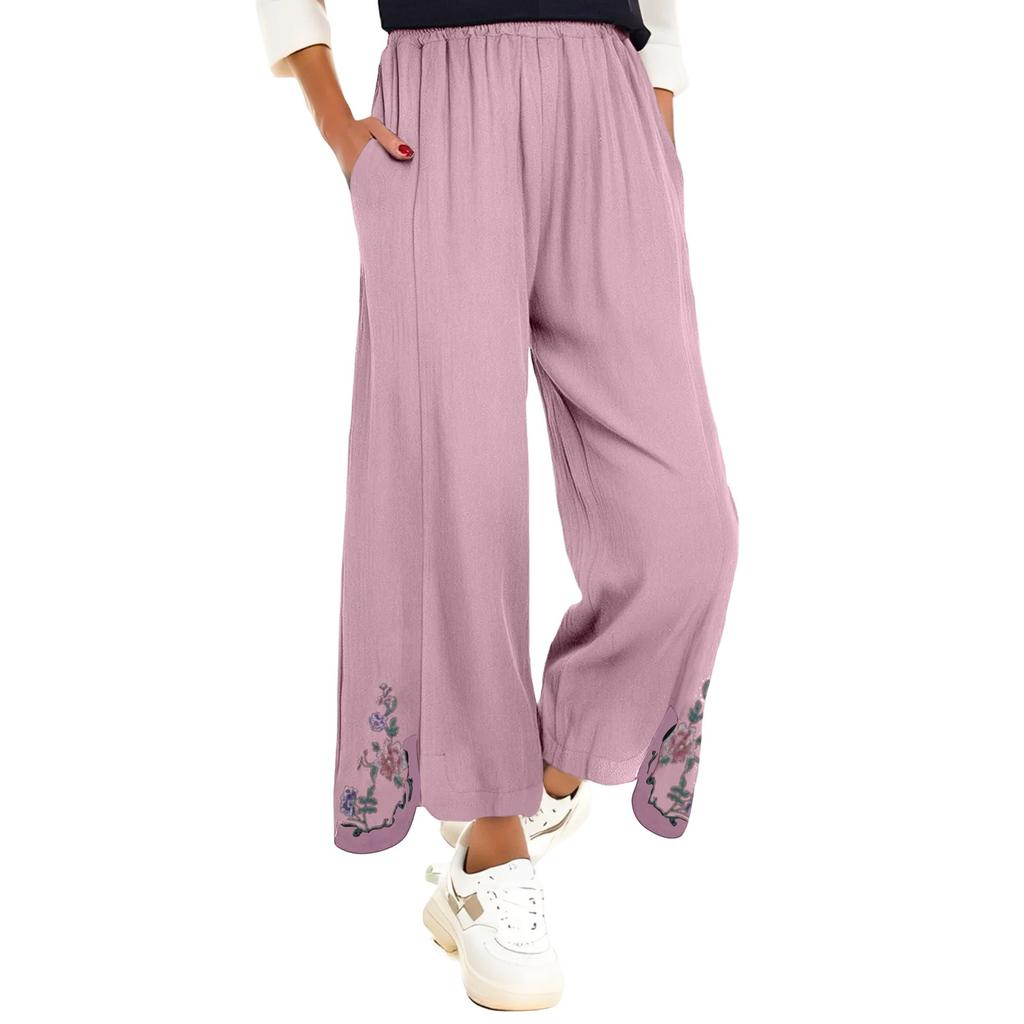 Damen Sommer Einfarbig Stickerei Dekoration Baumwolle und Leinen Lose Neun-Punkt-Hose