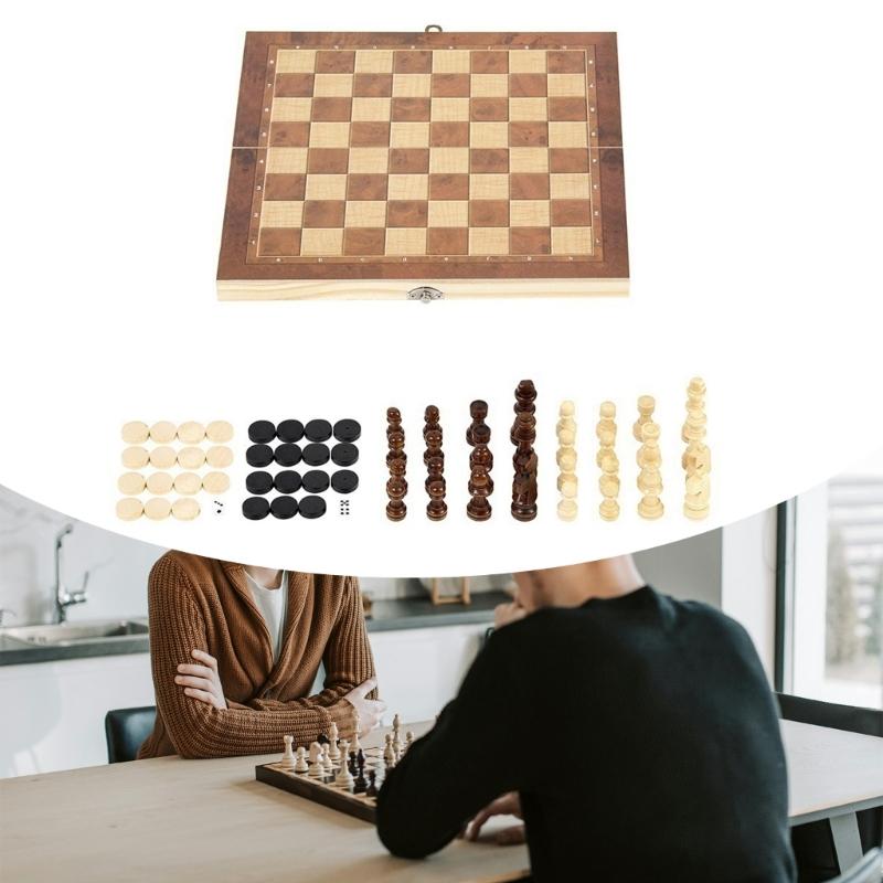 Wood Chess Set Folding Chess Board Game Portable Party Travel Chess Checkers Educational Toy Beginner Chesses Set