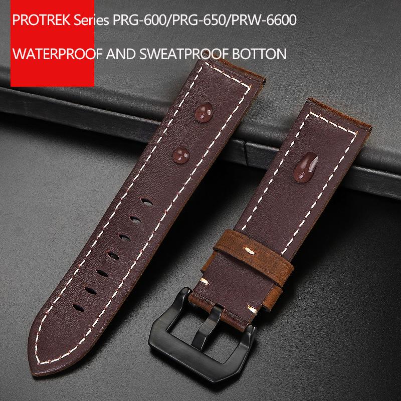 24mm Matný kožený řemínek na hodinky z hověziny, italský, pro sérii Casio PROTREK PRG-600/PRG-650/PRW-6600, náramek pro outdoorové sporty