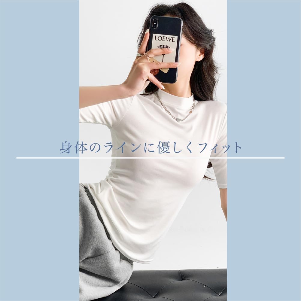Slim Fit Cut and Sew for Women Cool to the Ice Feather Easy to Move L [ROSELUCA.] T-Shirt [Slimming Effect] Innerwear, 5/8 Sleeves, Touch, Accent,