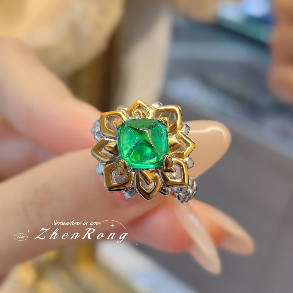 Vintage Women Jewelry Set Emerald Sugar Loaf Lotus Pendant Ring Earrings Green Gold Gemstone