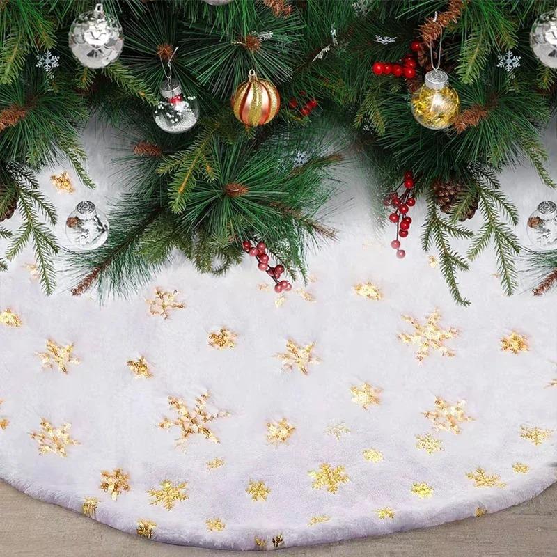 Christmas Tree Skirt White Plush Snowflakes Faux Fur Xmas Trees Skirts Base Cover New Year Ornaments Home Decoration Carpet 38Cm