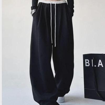 2024 Women's Black Korean Style Wide-Leg Sports Pants - Autumn/Winter Loose Fit, Casual, Trendy, and Slimming Style