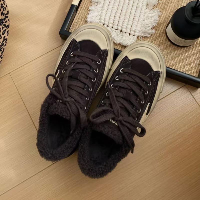 autumn and winter new leather thick velvet warm old dirty little white shoes women's flat-bottomed versatile board shoes cotton shoes tide
