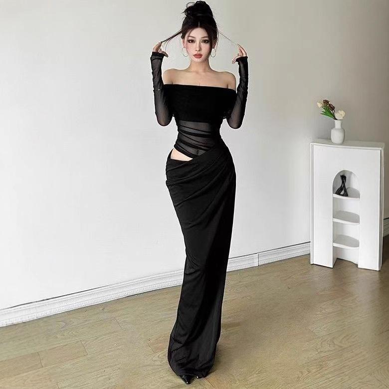 Sexy Spice Girl Wind Tulle Hollow Pure Desire One-word Shoulder Early Autumn New Temperament Hip Wrap Waist Skinny Splicing Long Dress