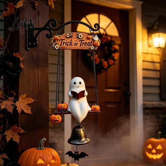 Decorative Metal Bell Ornament Halloween Swing Ghost Doorbell, with Pumpkins Decor, Gothic Style Trick Festive Front Door Hanger or Treat Sign,