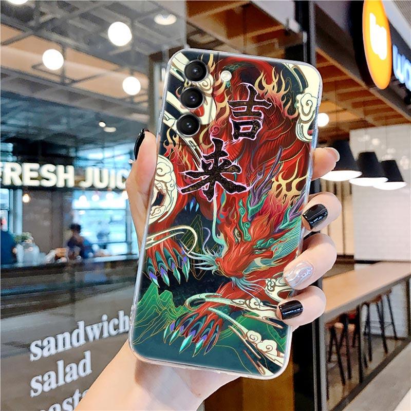 Zeichnung Drache Tiger Vögel Anime Klare Hülle für Samsung Galaxy S21 S20 FE S22 Ultra S10e S10 S9 Plus 5G Weiche Handyhülle Coque