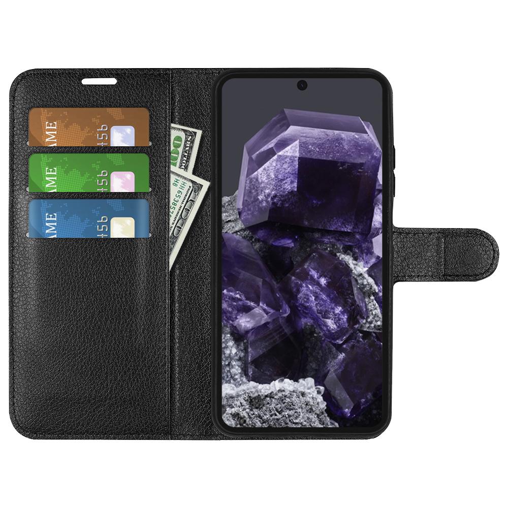 

For Google Pixel 8a Leather Case Litchi Texture Stand Phone Wallet Cover Black