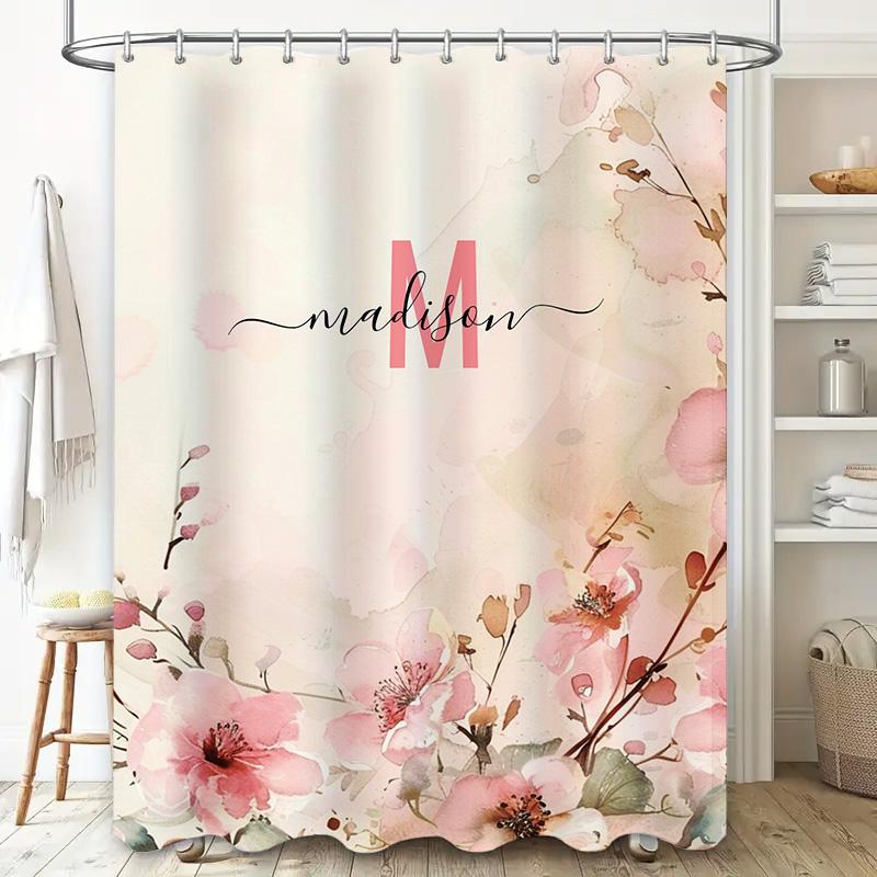 Vintage Pink Blossom Bath Curtain Watercolor Style Bathroom Decor For Girls
