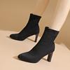 2025 New Womens Fashion Heeled Ankle Boots Autumn Pointy Solid Color Stretch Sock Boots Women Chunky Slip On Shoes