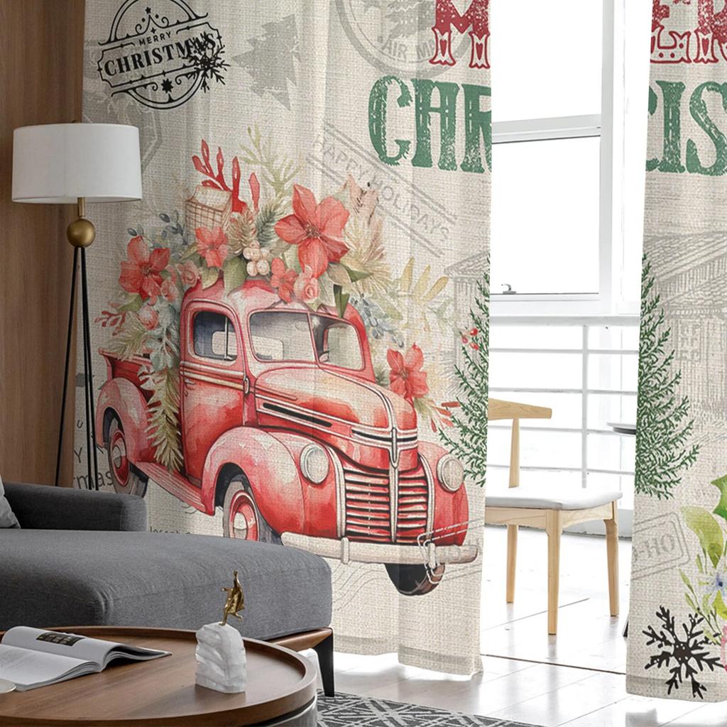 Christmas Poinsettia Vintage Stamp Truck Window Tulle Curtains For Living Room Kitchen Christmas Home Decor Sheer Voile Curtains