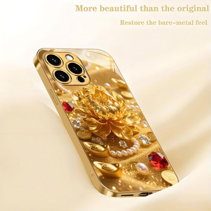 Luxurious Gold Floral Pattern Electroplated Glass Phone Case, Suitable for iPhone 17, 16, 15, 14, 13, 12, 11, Etc.