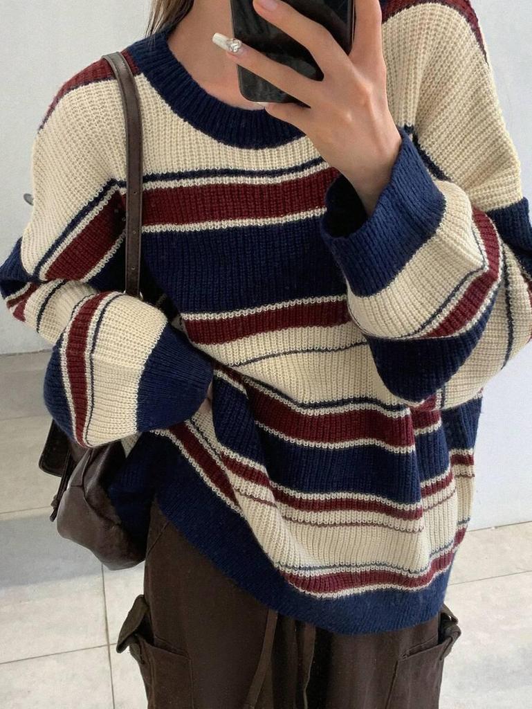 Women's Winter Retro Striped Sweater - Color Block Round Neck Pullover, Casual Loose Knitwear
