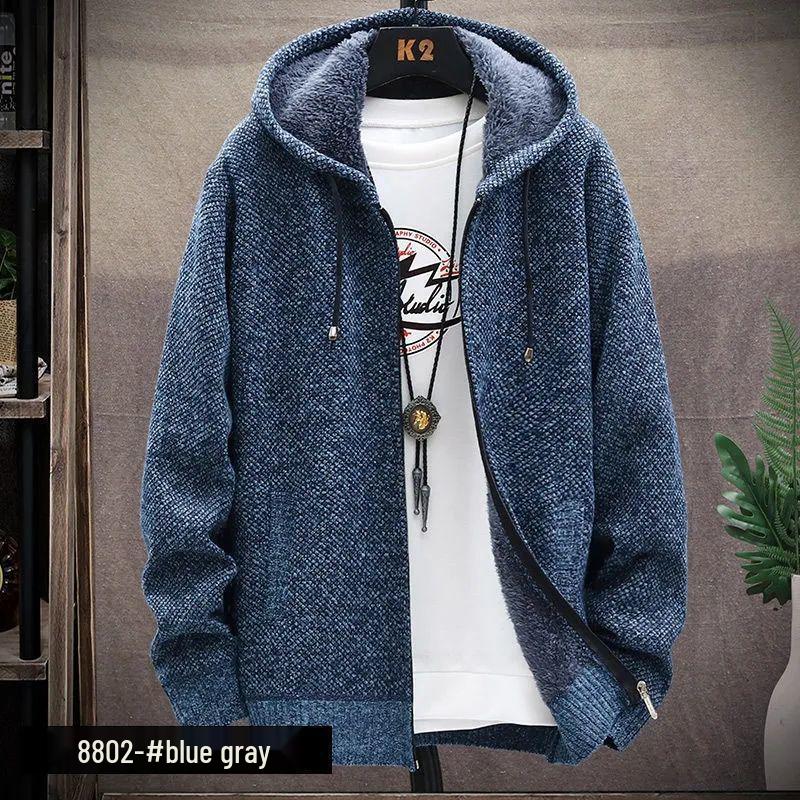 Men's Fleece-Lined Hooded Jacket: Autumn & Winter Warm Knit Cardigan, Loose Fit, Plus Size Sweater