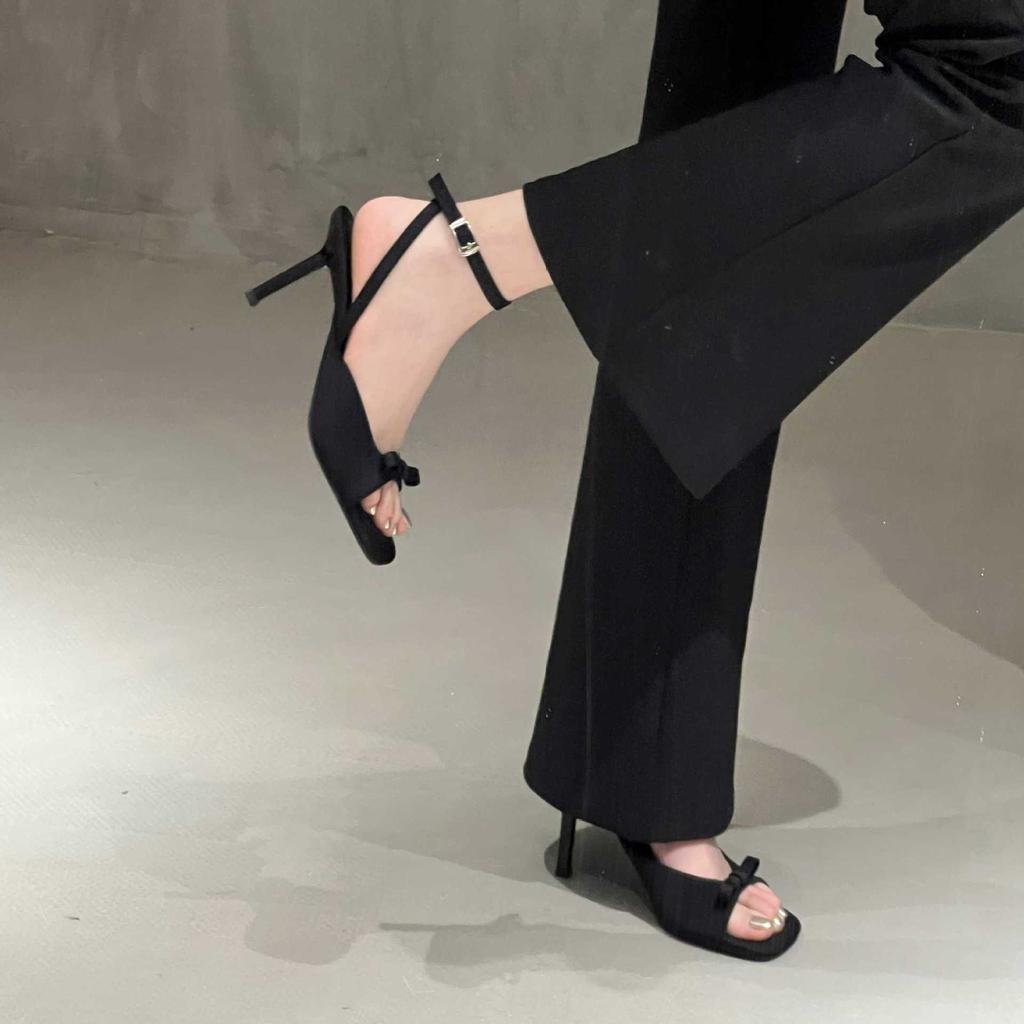 ankle strap silver satin bow high heel cool slippers thin heel open-toed women's sandals temperament