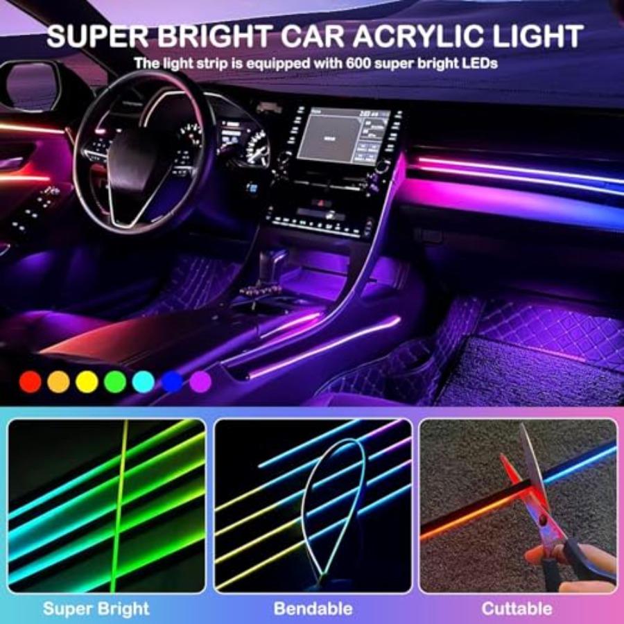 Acrylic Interior Car LED Lights with Wireless APP 6 In 1Ambient Lighting Kits Fiber Optic Strip LEDs 16 Million Colors Musicand