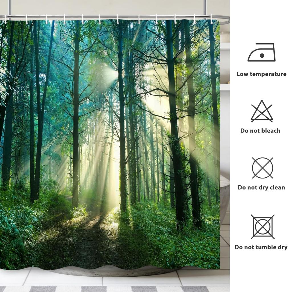 Green Forest Shower Curtain Sunlight Through Trees Nature Landscape Waterproof Polyester with Hooks 72x72 Inch