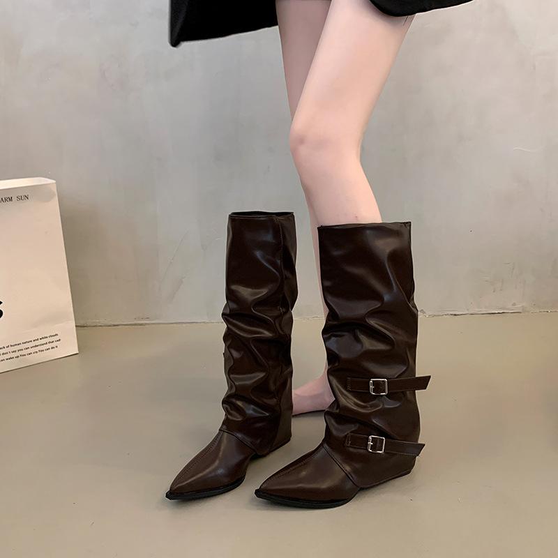 Pleated Retro Western Boots Women's New Fashion Casual Thick Heel Medium Boots Women's Knee Knight Boots