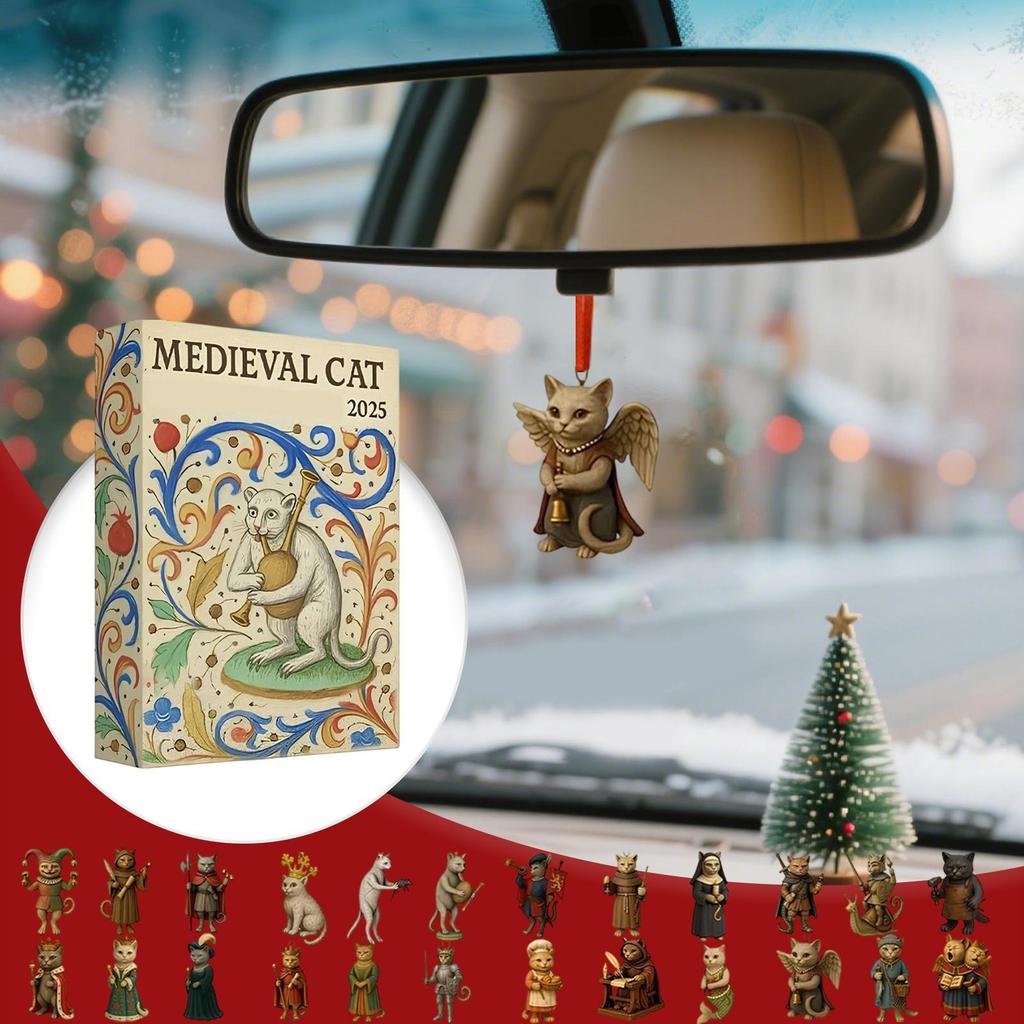 Christmas Cat Ornament Countdown 24 Day Medieval Theme Flat Toy Countdown To Christmas Calendar for Kids Toddler Teen Adult Boy