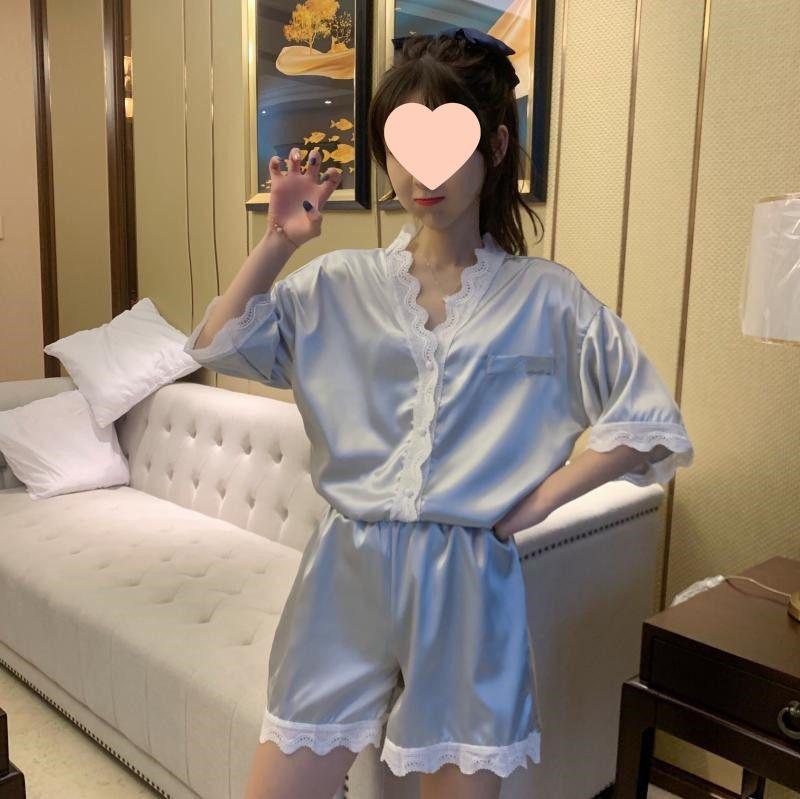 Korean Lace Collar Silky Homewear Set: Short Sleeve Top & Shorts In Solid Color for Spring/Autumn.