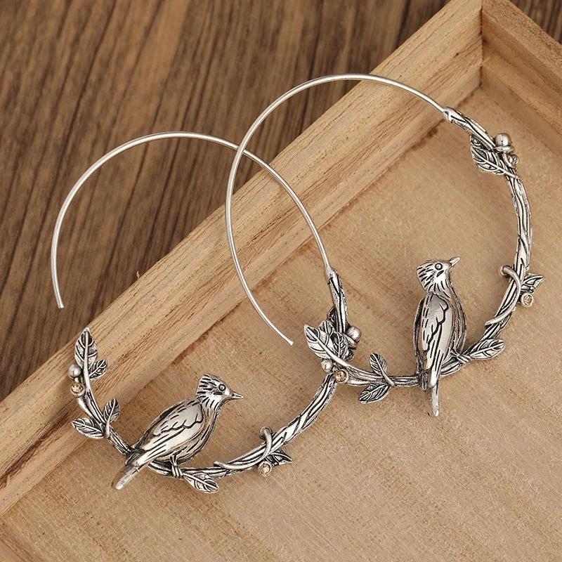 Vintage Tier Vogel Blatt Rund Damen Ohrringe Kupferfarbe Hängeohrringe für Frauen Geschenk Schmuck