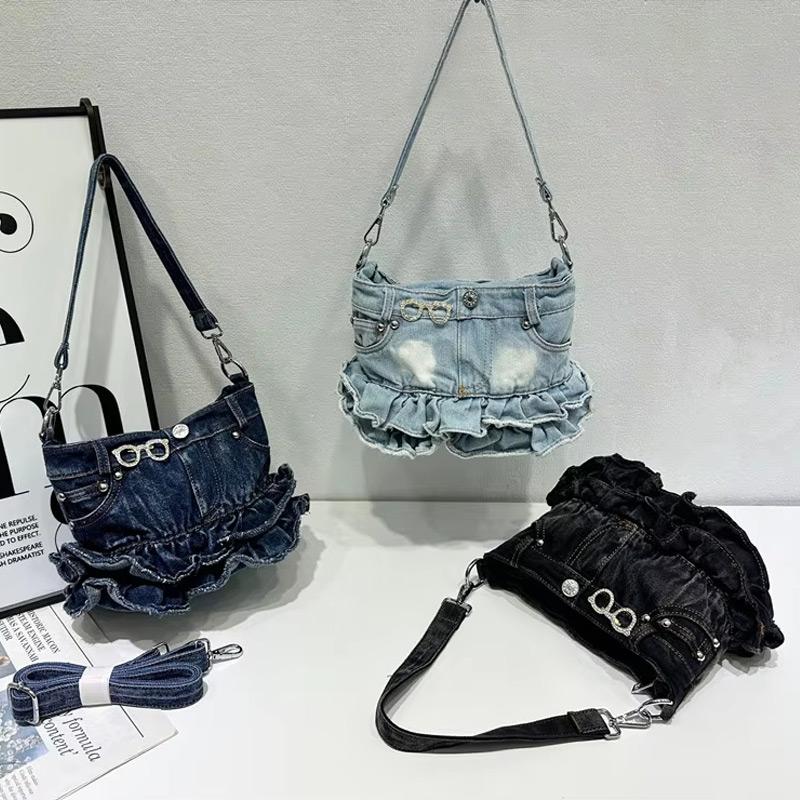 Denim Canvas Crossbody Shoulder Bag,Ruffled Edge Skirt Style Women Sling Bag,Blue Trendy All-Match Handbag,Commuter Chic Purse