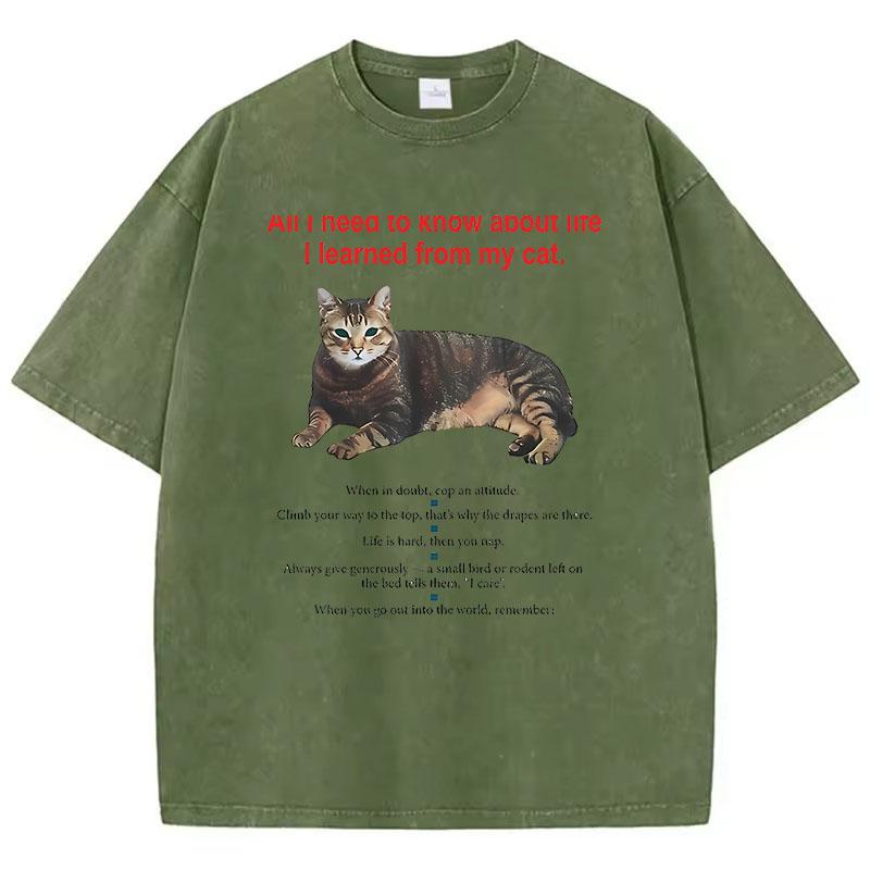 Fashion T Shirt Vintage Washed Cotton T-Shirt Funny Cat Graphic Tee Casual Streetwear Spring Summer