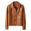 Women Jacket Faux Leather Smooth Surface Turn-down Collar Single-breasted Long Sleeves Pockets Retro
