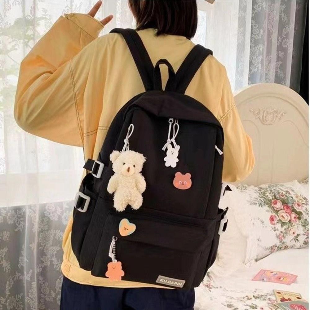 Large Capacity Solid Color Backpack Bear Pendant Shoulder Bag Cute Students School Bag  Travel