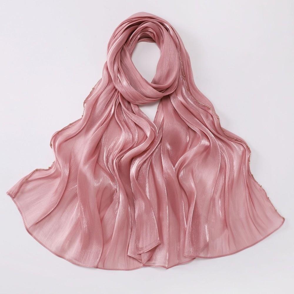 High Qulaity Solid Color Silk Scarf Unilateral golden chain Shining Sunscreen shawl Long Soft Chiffon Hijab Veil Outdoor
