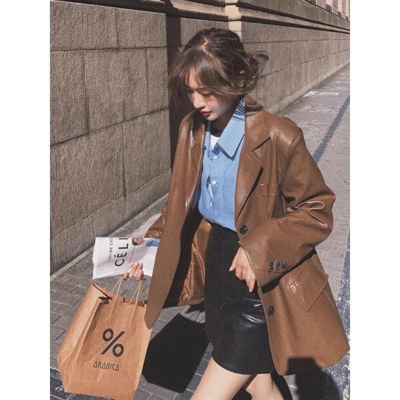 Coffee leather jacket women's spring and autumn new fashion loose small suit feeling blazer leather