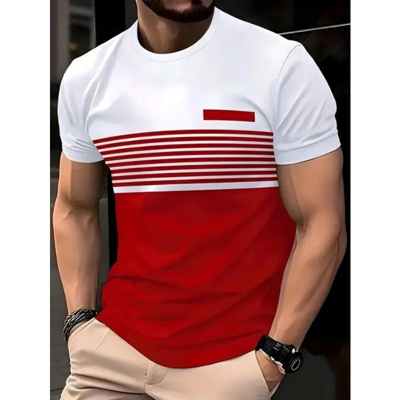 Summer Round Neck 3D Color block Print Top Fashionable Casual Short Sleeved Men's T-shirts