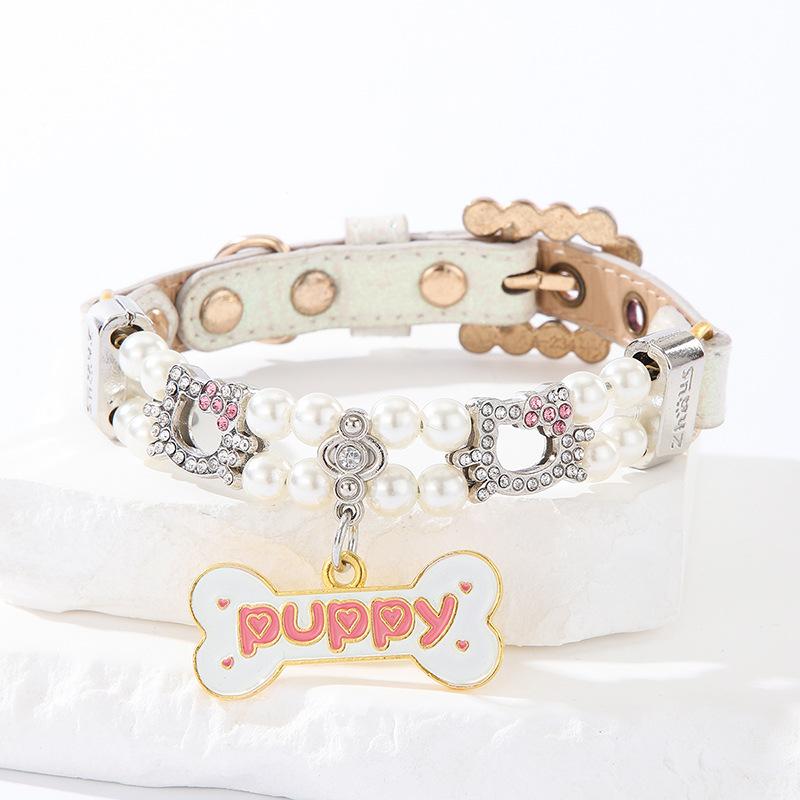 

New pet bead big bone hanging collar, small cat dog simulation, pearl rhinestone, cat head bead string, cat chain item XS: 1.8 * 26CM (with length) білий