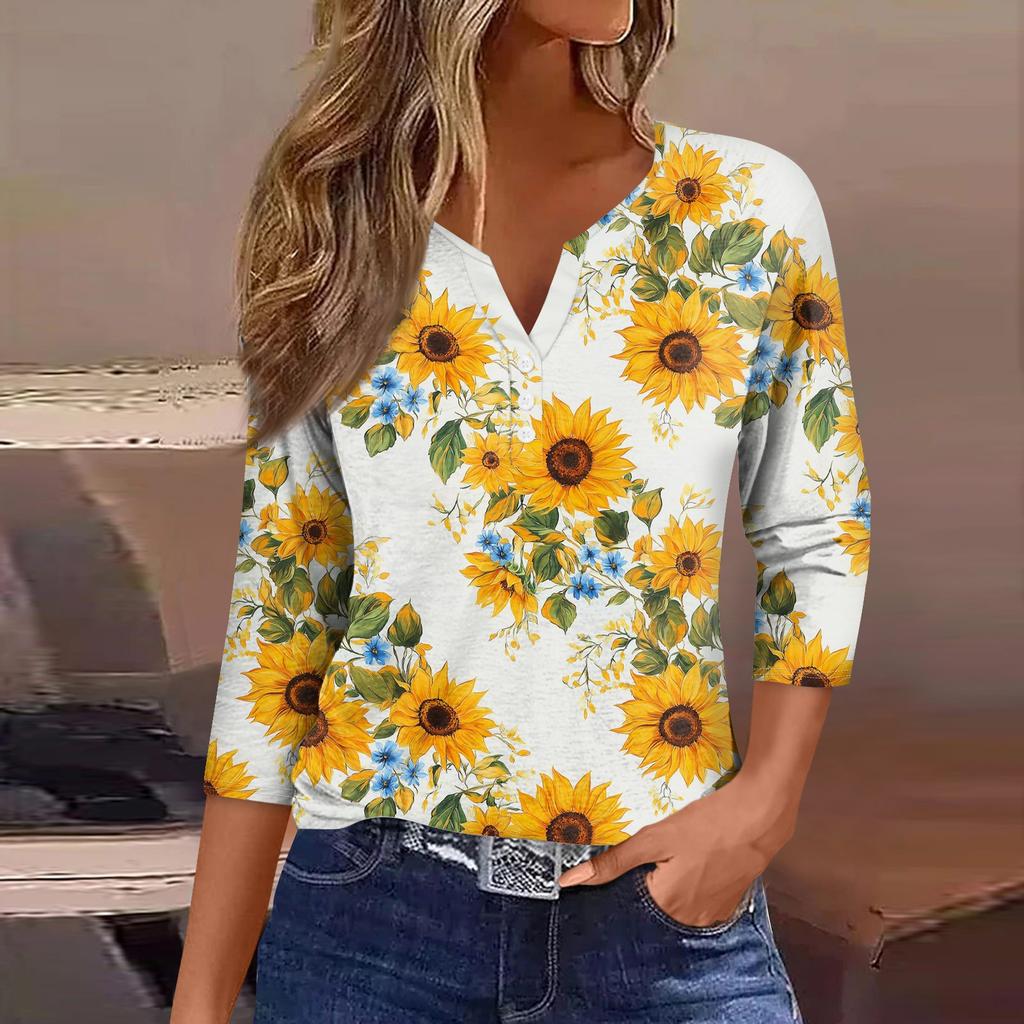Women's Loose Casual Flower Print Seven Quarter Sleeved V-Neck Top Seven Quarter Sleeved V-Neck Top