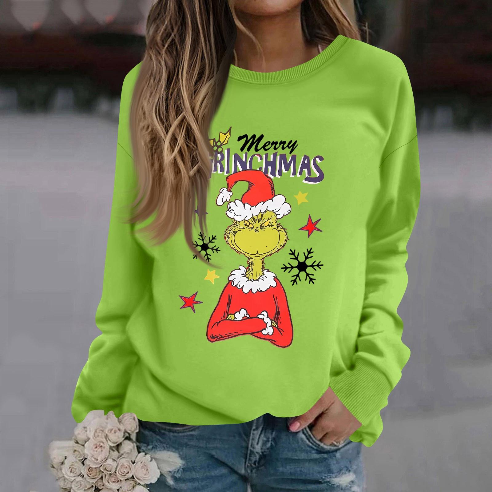 

Women s Fashion Casual Long Sleeve Color Christmas Printed Round Neck Top Sweatshirt M зелёный
