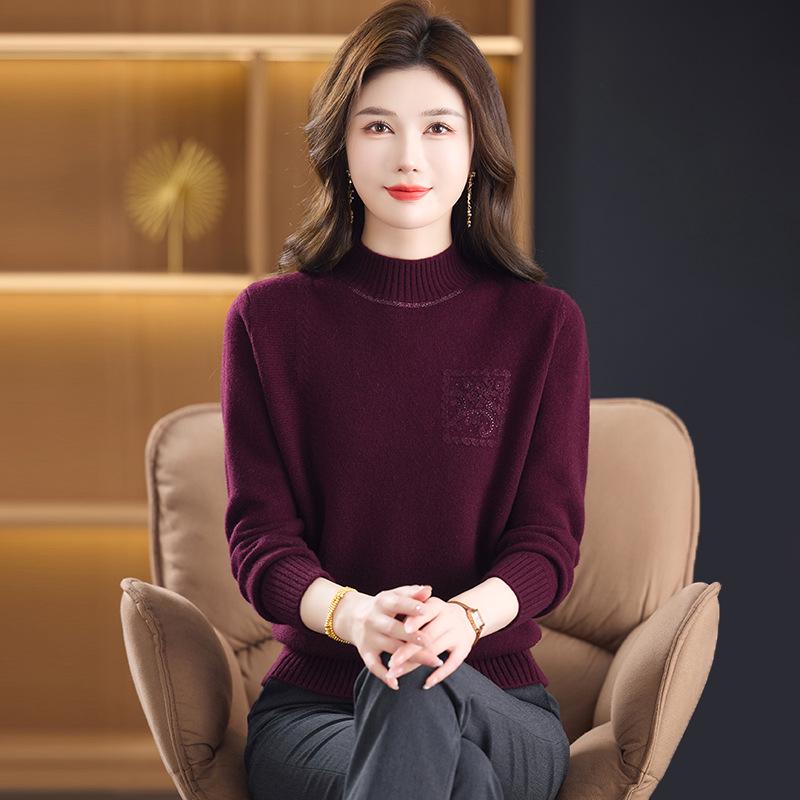 100% reine Schurwolle Damen Pullover mit halbem Stehkragen - Warme Strick-Basisschicht für mittlere und ältere Menschen