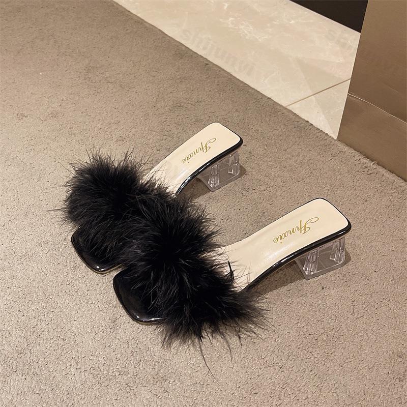 Fashion Women's Fashion Hairy Design Square Head Casual Slippers Summer 2025 New Comfortable Open Toes Breathable Elegant Beach Sandals