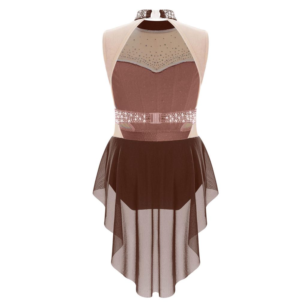 Gimnastard Fete Performanță Gimansticard Gât Mock Fără Mâneci Stil Strălucitor Strasuri Bloc de Culoare Plasă cu Fustă Body