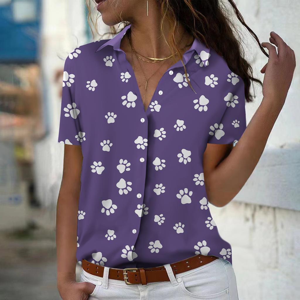 2025 Summer New Fashion Women's Dog Claw Printed Short Sleeve V-neck Casual Button-down Shirt Top