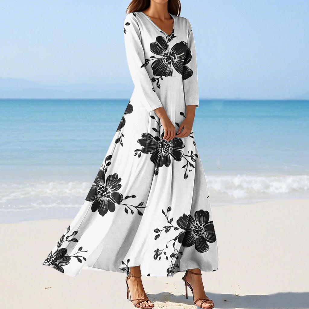 Vestidos de Praia Flutuantes com Decote em V da Moda Feminina, Vestidos Estampados Florais de Sete Mangas