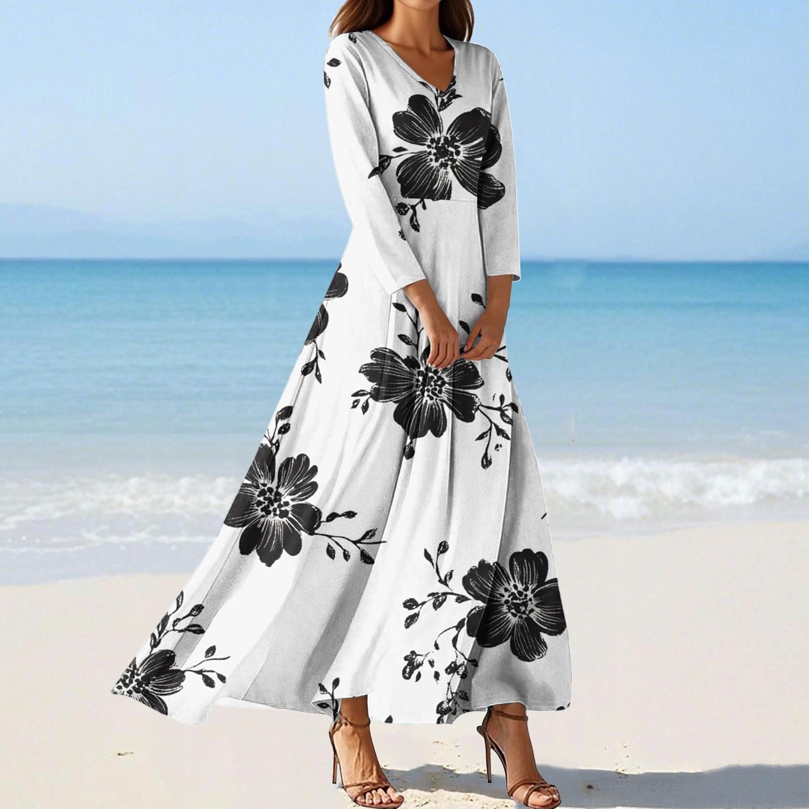 

Women s Fashion V-Neck Floating Beach Dresses Seven Sleeve Floral Printed Dresses XL білий