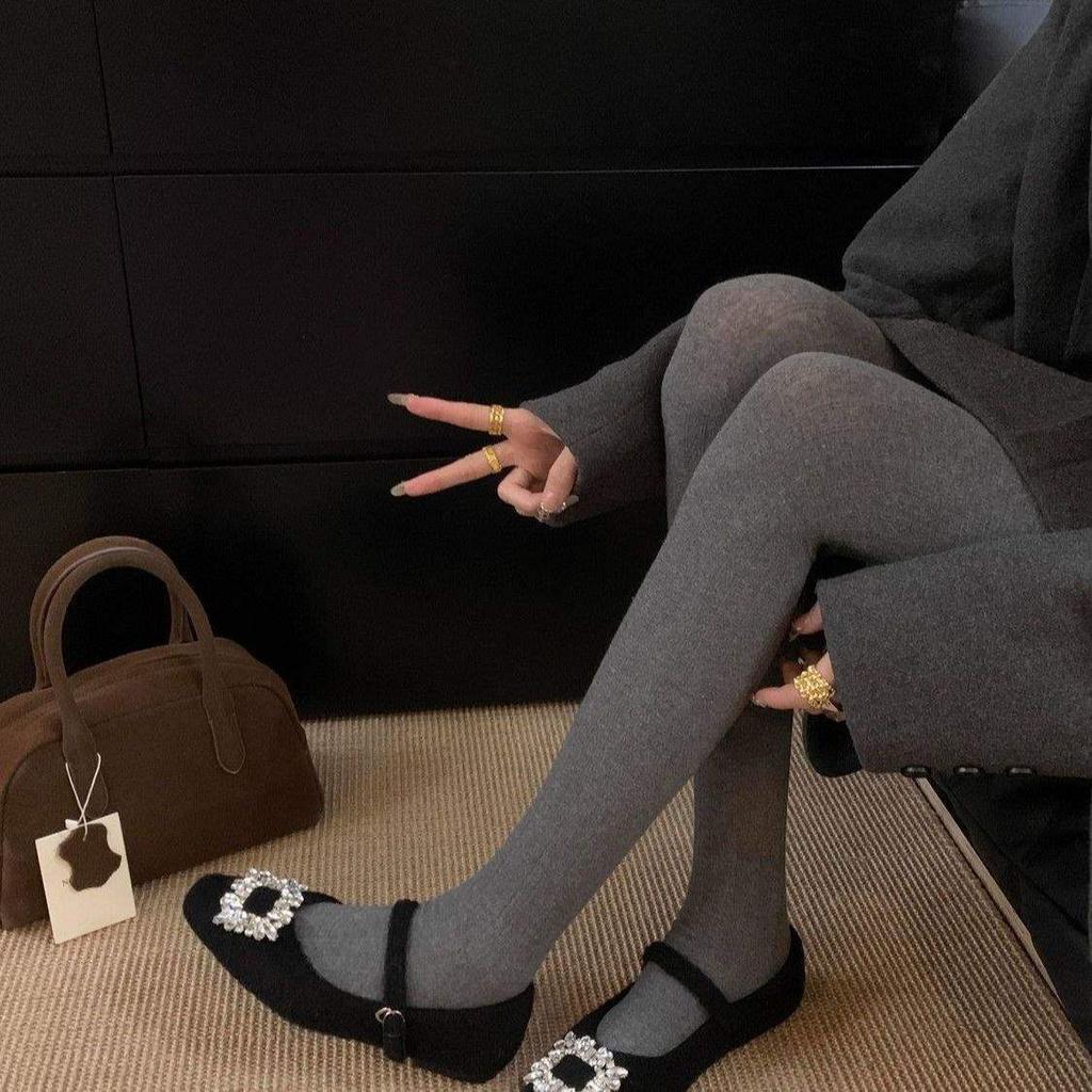 Grey rhinestone flat-bottomed Mary Jane shoes for women's winter wear, new Korean version of square-headed woolen single shoes, velvet t