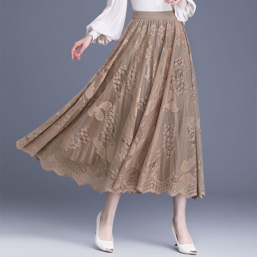 Trendy Lace Trim Long Maxi Skirt, Slimming Effect Mesh Fairy Ruffles Dress